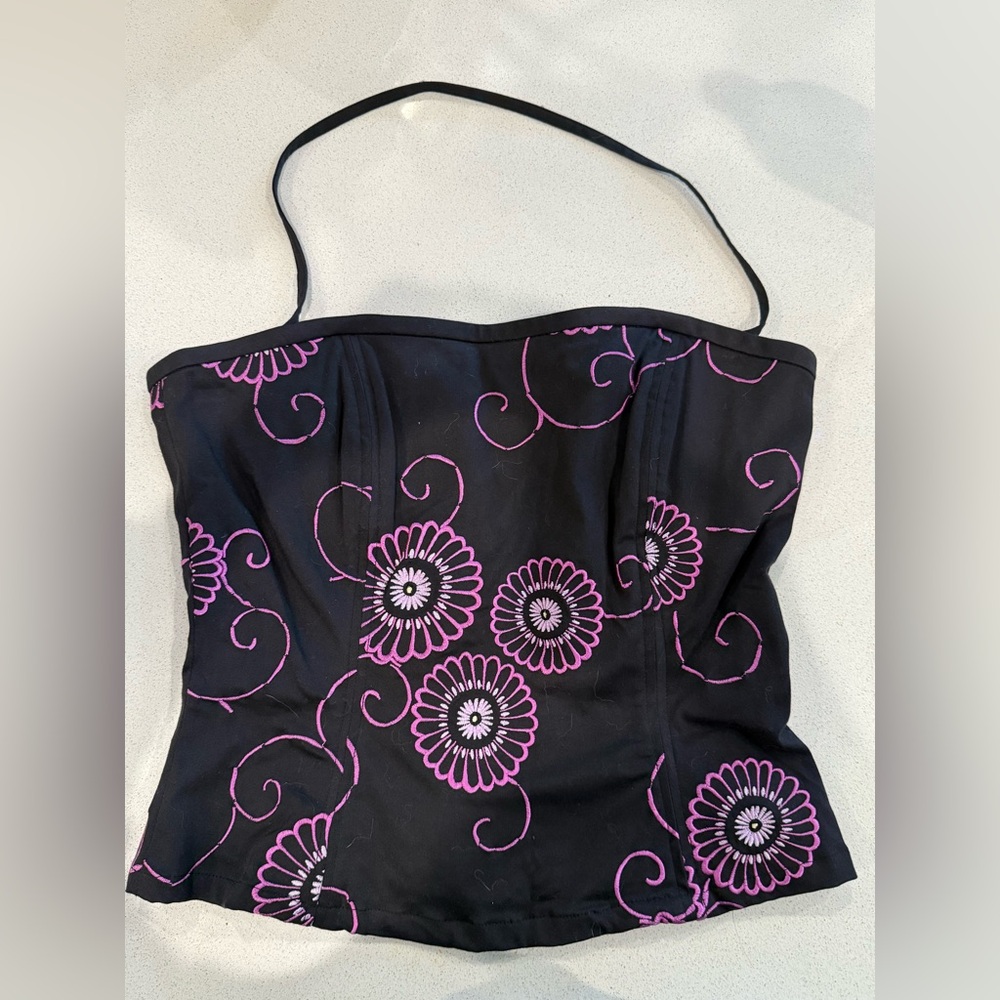 NWT Bellum Sz 6 Cotton Black w Embroidered Floral Decor Strapless Top